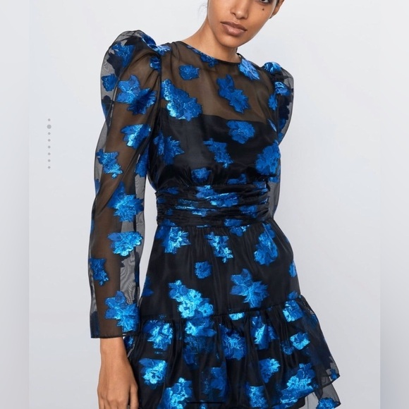 Zara Dresses & Skirts - Zara Black Tiered Ruffle Organza Blue Floral Long Sleeve Mini Dress Size Small